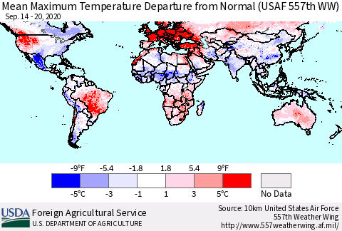 World Mean Maximum Temperature Departure from Normal (USAF 557th WW) Thematic Map For 9/14/2020 - 9/20/2020