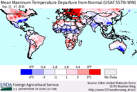 World Mean Maximum Temperature Departure from Normal (USAF 557th WW) Thematic Map For 9/21/2020 - 9/27/2020