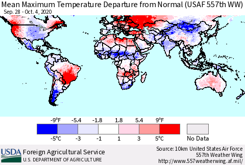 World Mean Maximum Temperature Departure from Normal (USAF 557th WW) Thematic Map For 9/28/2020 - 10/4/2020