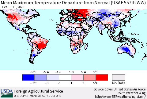World Mean Maximum Temperature Departure from Normal (USAF 557th WW) Thematic Map For 10/5/2020 - 10/11/2020