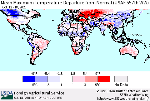 World Mean Maximum Temperature Departure from Normal (USAF 557th WW) Thematic Map For 10/12/2020 - 10/18/2020