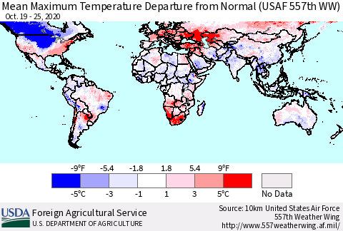 World Mean Maximum Temperature Departure from Normal (USAF 557th WW) Thematic Map For 10/19/2020 - 10/25/2020