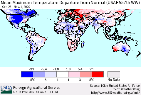World Mean Maximum Temperature Departure from Normal (USAF 557th WW) Thematic Map For 10/26/2020 - 11/1/2020