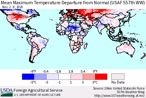 World Mean Maximum Temperature Departure from Normal (USAF 557th WW) Thematic Map For 11/2/2020 - 11/8/2020