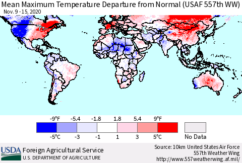 World Mean Maximum Temperature Departure from Normal (USAF 557th WW) Thematic Map For 11/9/2020 - 11/15/2020