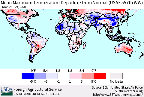 World Mean Maximum Temperature Departure from Normal (USAF 557th WW) Thematic Map For 11/23/2020 - 11/29/2020
