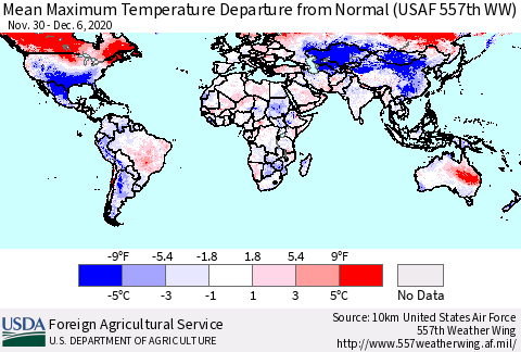 World Mean Maximum Temperature Departure from Normal (USAF 557th WW) Thematic Map For 11/30/2020 - 12/6/2020