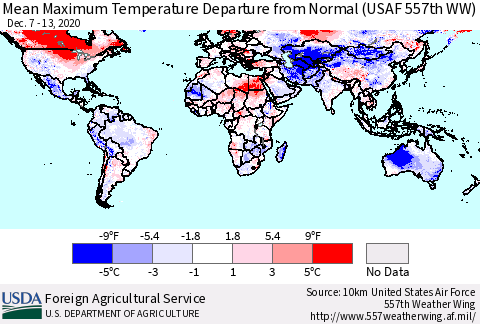 World Mean Maximum Temperature Departure from Normal (USAF 557th WW) Thematic Map For 12/7/2020 - 12/13/2020