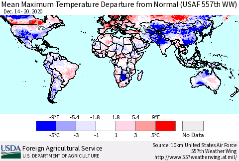 World Mean Maximum Temperature Departure from Normal (USAF 557th WW) Thematic Map For 12/14/2020 - 12/20/2020