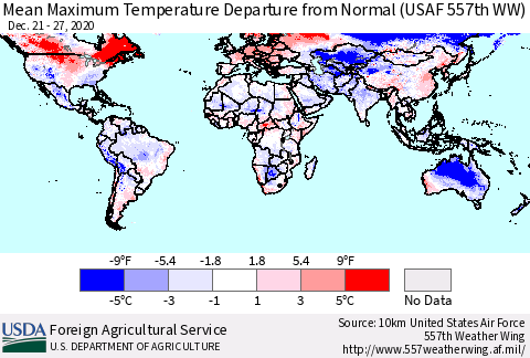 World Mean Maximum Temperature Departure from Normal (USAF 557th WW) Thematic Map For 12/21/2020 - 12/27/2020