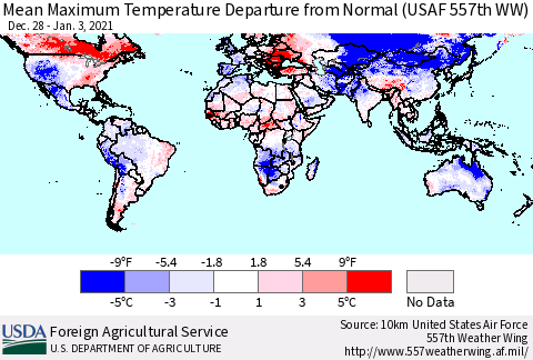 World Mean Maximum Temperature Departure from Normal (USAF 557th WW) Thematic Map For 12/28/2020 - 1/3/2021