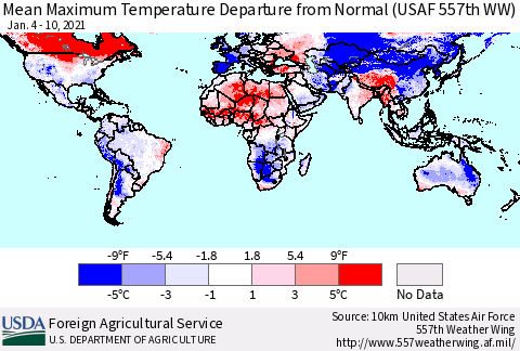 World Mean Maximum Temperature Departure from Normal (USAF 557th WW) Thematic Map For 1/4/2021 - 1/10/2021