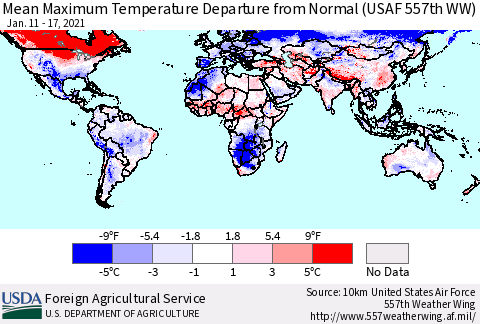 World Mean Maximum Temperature Departure from Normal (USAF 557th WW) Thematic Map For 1/11/2021 - 1/17/2021