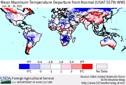 World Mean Maximum Temperature Departure from Normal (USAF 557th WW) Thematic Map For 1/18/2021 - 1/24/2021