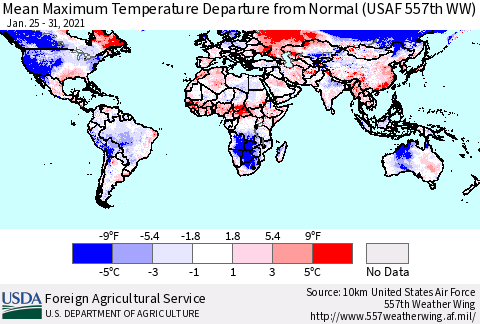 World Mean Maximum Temperature Departure from Normal (USAF 557th WW) Thematic Map For 1/25/2021 - 1/31/2021