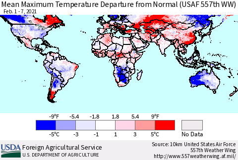 World Mean Maximum Temperature Departure from Normal (USAF 557th WW) Thematic Map For 2/1/2021 - 2/7/2021