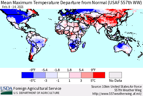 World Mean Maximum Temperature Departure from Normal (USAF 557th WW) Thematic Map For 2/8/2021 - 2/14/2021