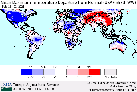World Mean Maximum Temperature Departure from Normal (USAF 557th WW) Thematic Map For 2/15/2021 - 2/21/2021