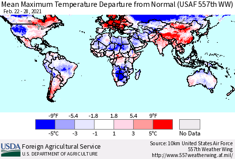 World Mean Maximum Temperature Departure from Normal (USAF 557th WW) Thematic Map For 2/22/2021 - 2/28/2021