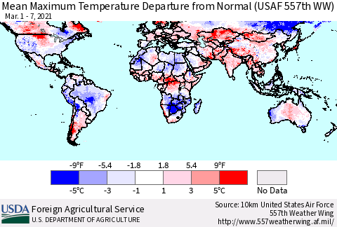 World Mean Maximum Temperature Departure from Normal (USAF 557th WW) Thematic Map For 3/1/2021 - 3/7/2021
