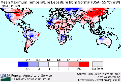 World Mean Maximum Temperature Departure from Normal (USAF 557th WW) Thematic Map For 3/8/2021 - 3/14/2021