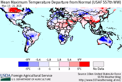 World Mean Maximum Temperature Departure from Normal (USAF 557th WW) Thematic Map For 3/15/2021 - 3/21/2021