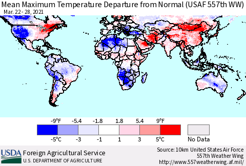 World Mean Maximum Temperature Departure from Normal (USAF 557th WW) Thematic Map For 3/22/2021 - 3/28/2021