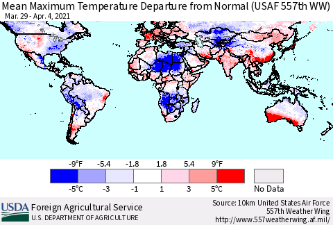 World Mean Maximum Temperature Departure from Normal (USAF 557th WW) Thematic Map For 3/29/2021 - 4/4/2021