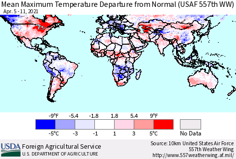 World Mean Maximum Temperature Departure from Normal (USAF 557th WW) Thematic Map For 4/5/2021 - 4/11/2021