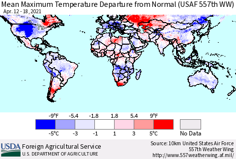 World Mean Maximum Temperature Departure from Normal (USAF 557th WW) Thematic Map For 4/12/2021 - 4/18/2021