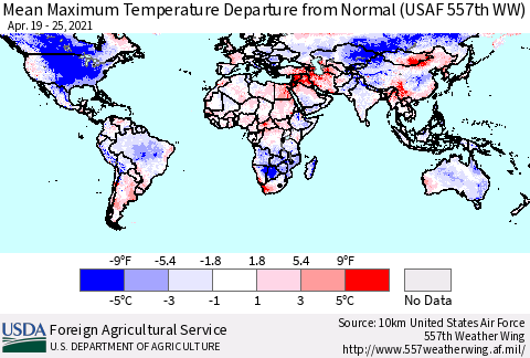 World Mean Maximum Temperature Departure from Normal (USAF 557th WW) Thematic Map For 4/19/2021 - 4/25/2021