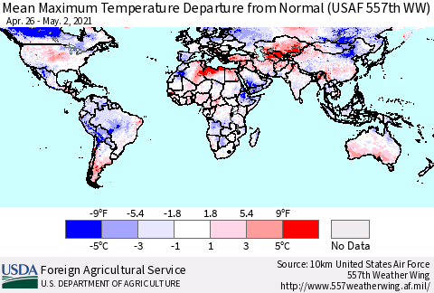 World Mean Maximum Temperature Departure from Normal (USAF 557th WW) Thematic Map For 4/26/2021 - 5/2/2021