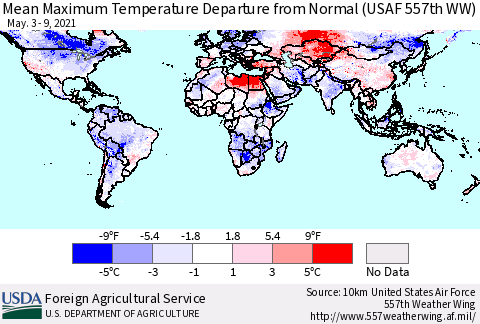 World Mean Maximum Temperature Departure from Normal (USAF 557th WW) Thematic Map For 5/3/2021 - 5/9/2021