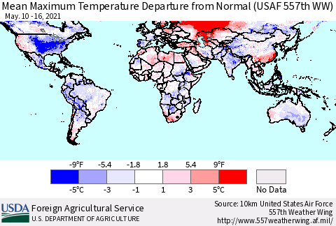 World Mean Maximum Temperature Departure from Normal (USAF 557th WW) Thematic Map For 5/10/2021 - 5/16/2021