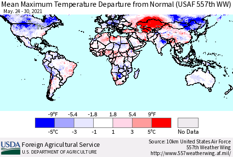 World Mean Maximum Temperature Departure from Normal (USAF 557th WW) Thematic Map For 5/24/2021 - 5/30/2021