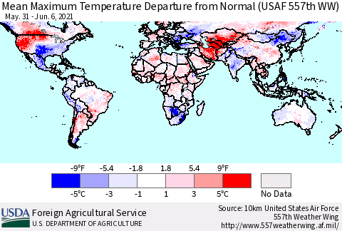 World Mean Maximum Temperature Departure from Normal (USAF 557th WW) Thematic Map For 5/31/2021 - 6/6/2021