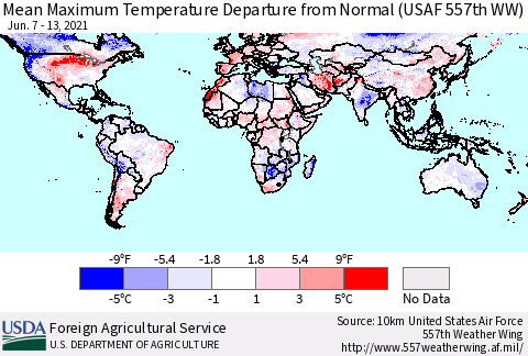World Mean Maximum Temperature Departure from Normal (USAF 557th WW) Thematic Map For 6/7/2021 - 6/13/2021