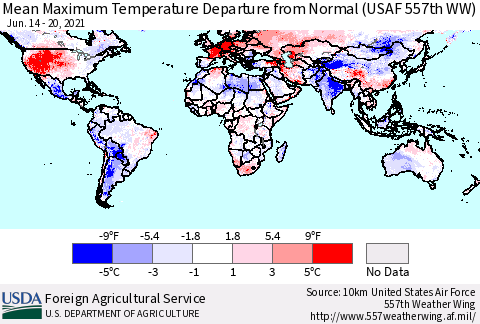 World Mean Maximum Temperature Departure from Normal (USAF 557th WW) Thematic Map For 6/14/2021 - 6/20/2021