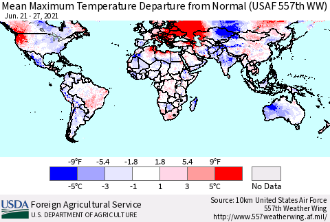 World Mean Maximum Temperature Departure from Normal (USAF 557th WW) Thematic Map For 6/21/2021 - 6/27/2021