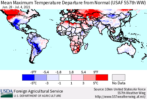 World Mean Maximum Temperature Departure from Normal (USAF 557th WW) Thematic Map For 6/28/2021 - 7/4/2021