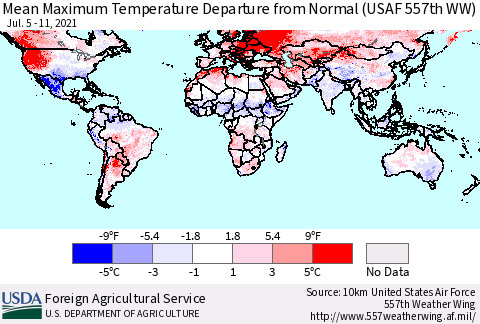 World Mean Maximum Temperature Departure from Normal (USAF 557th WW) Thematic Map For 7/5/2021 - 7/11/2021