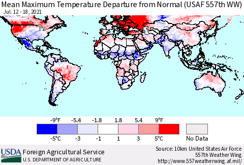 World Mean Maximum Temperature Departure from Normal (USAF 557th WW) Thematic Map For 7/12/2021 - 7/18/2021