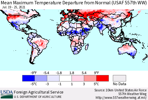 World Mean Maximum Temperature Departure from Normal (USAF 557th WW) Thematic Map For 7/19/2021 - 7/25/2021