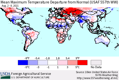 World Mean Maximum Temperature Departure from Normal (USAF 557th WW) Thematic Map For 8/2/2021 - 8/8/2021
