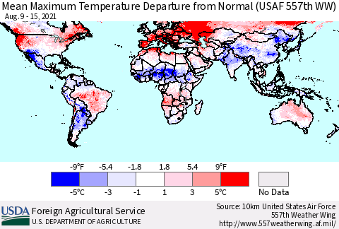 World Mean Maximum Temperature Departure from Normal (USAF 557th WW) Thematic Map For 8/9/2021 - 8/15/2021