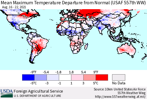 World Mean Maximum Temperature Departure from Normal (USAF 557th WW) Thematic Map For 8/16/2021 - 8/22/2021