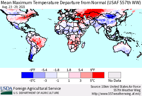World Mean Maximum Temperature Departure from Normal (USAF 557th WW) Thematic Map For 8/23/2021 - 8/29/2021