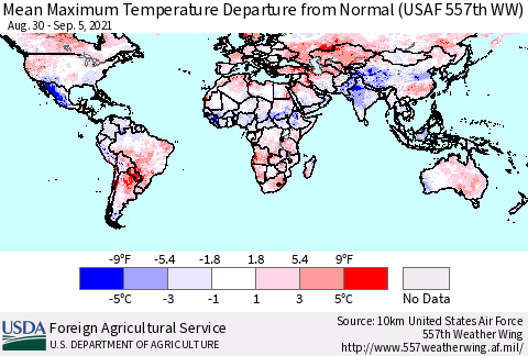 World Mean Maximum Temperature Departure from Normal (USAF 557th WW) Thematic Map For 8/30/2021 - 9/5/2021