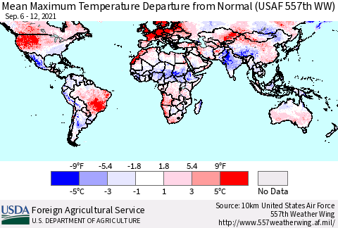 World Mean Maximum Temperature Departure from Normal (USAF 557th WW) Thematic Map For 9/6/2021 - 9/12/2021