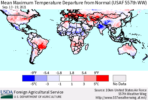 World Mean Maximum Temperature Departure from Normal (USAF 557th WW) Thematic Map For 9/13/2021 - 9/19/2021